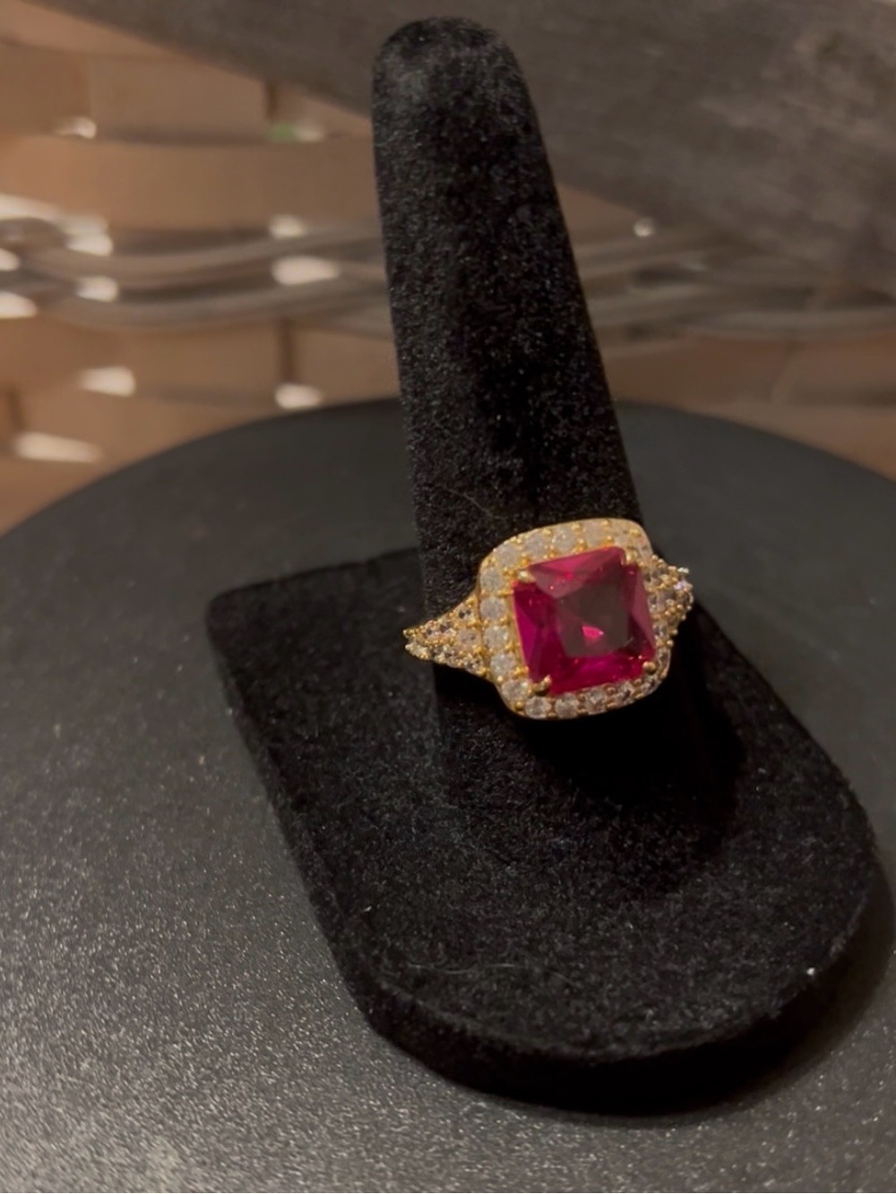 Bomb Party Gold Ring with Square Ruby-Red Center and Pavé Accent Stones